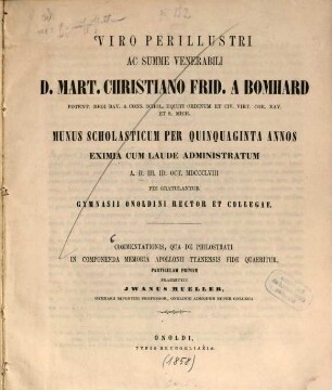 Commentationis, qua de Philostrati in componenda memoria Apollonii Tyanensis fide quaeritur