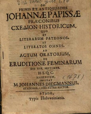 De Primis Et Antiquissimis Johannae Papissae Praeconibus Schedion Historicum