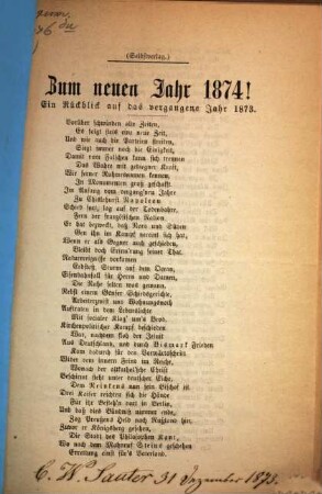 Zum neuen Jahr 1874 : ein Rückblick auf das vergangene Jahr 1873