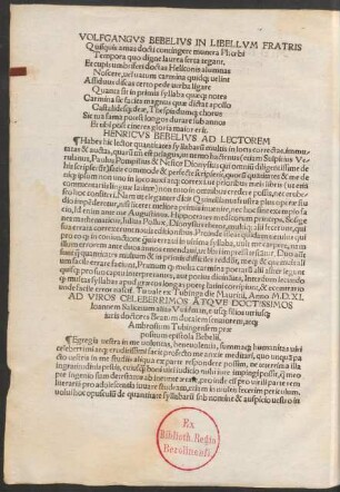 Ad Viros Celeberrimos Atque Doctissimos Ioannem Salicetum alias Widman ... atque Ambrosium Tubingensem praepositum epistola Bebelii.