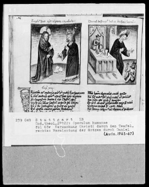 Zwei Schriften — Speculum humanae salvationis — Textseite mit zwei Miniaturen, Folio 63verso