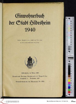 [Titel:] Einwohnerbuch der Stadt Hildesheim 1940