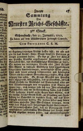 2tes Stuck. Schwabach, den 21. Januarii, 1757.