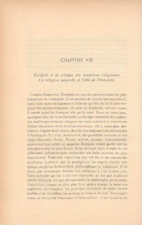 Chapitre VIII. Euripide et la critique des traditions religieuses. La religion naturelle et l'idée de l'humanité