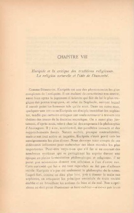 Chapitre VIII. Euripide et la critique des traditions religieuses. La religion naturelle et l'idée de l'humanité