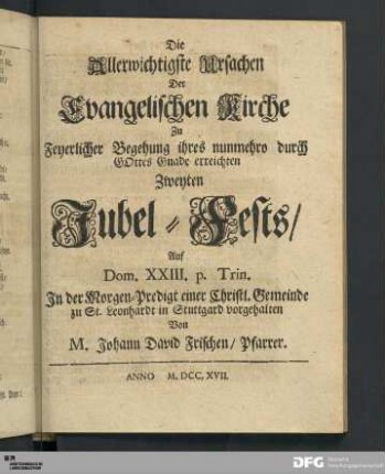 Die Allerwichtigste Ursachen Der Evangelischen Kirche Zu Feyerlicher Begehung ihres ... Zweyten Jubel-Fests...