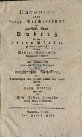 Chronica oder kurze Beschreibung der churfürstl. Stadt Amberg in der obern Pfalz