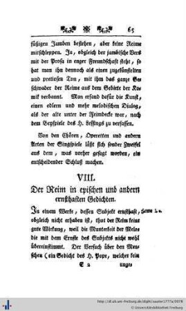 VIII. Der Reim in epischen und andern ernsthaften Gedichten.