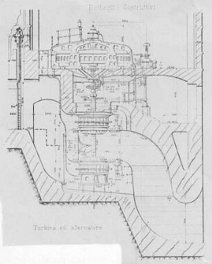 Wasserturbinenanlage mit Doppel-Francisturbinen, Schema : Technikgeschichte | Maschinenbau | Kraftmaschinen | Wasserkraftmaschinen