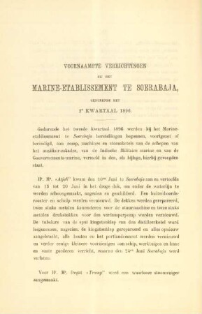 Voornaamste verrichtingen bij het Marine-etablissement te Soerabaja gedurende het 2e kwartaal 1896