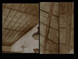 644 und 645, Kusterdingen, spätgotische Kirche: Flachdecke des Schiffs mit flachgeschnittenen altbemalten Bändern.