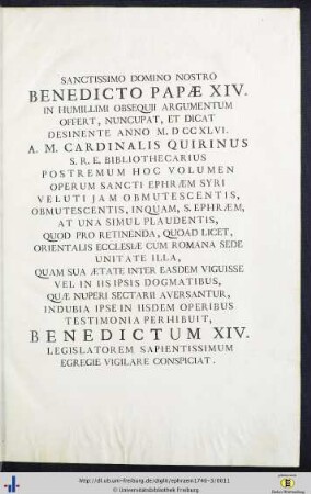 Sanctissimo Domino Nostro Benedicto Papae XIV.