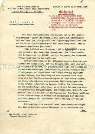 Geheimes Rundschreiben des Reichsministers für kirchliche Angelegenheiten an alle kirchlichen Behörden zum Erlass über die Erfassung eiserner Vorgartengitter