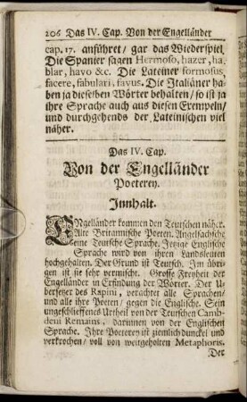 Das IV. Cap. Von der Engelländer Poeterey. - Das VI. Cap. Von der Teutschen Poeterey/ und zwar von der ersten Zeit.