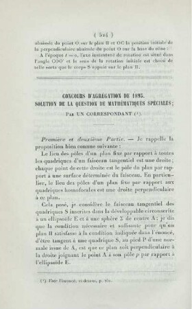 Concours d'agrégation de 1895. Solution de la question de mathématiques spéciales.
