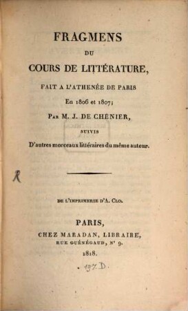 Fragmens de Cours du Litterature fait à l'Athenée de Paris en 1806 et 1807