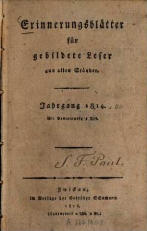 Erinnerungs-Blätter für gebildete Leser aus allen Ständen, 1814 (1815)