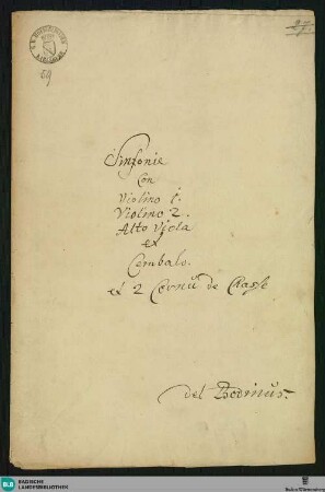 Symphonies - Mus. Hs. 59 : vl (2), a-vla, cor (2), bc; D