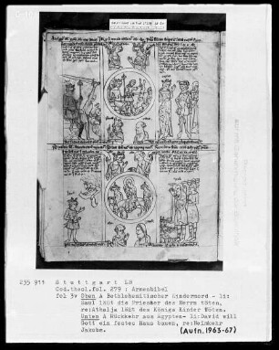 Armenbibel — Bildseite mit zwei Gruppen von typologischen Szenen, Folio 3verso