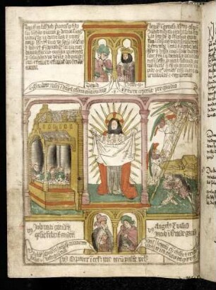 (1) Antitypus: Die Seelen der Seligen in Abrahams Schoß; Typen: (2) Iob und seine Familie beim Tischmahl; (3) Jakobs Traum von der Himmelsleiter; (4) Propheten-Brustbilder