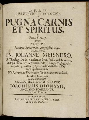 Disputatio Theologica De Pugna Carnis et Spiritus : Ex Galat. V. v. 17.