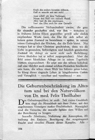 Die Geburtsbeschränkung im Altertum und bei den Naturvölkern