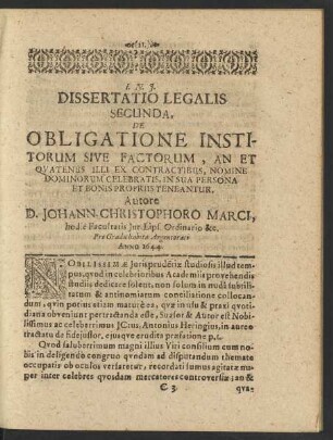 Dissertatio Legalis Secunda, De Obligatione Institorum Sive Factorum ...