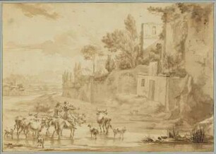 Italienische Landschaft, vorn links eine Frau und ein Hirte zu Pferde und Vieh im Wasser