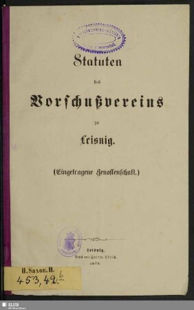Statuten des Vorschußvereins zu Leisnig (Eingetragene Genossenschaft)