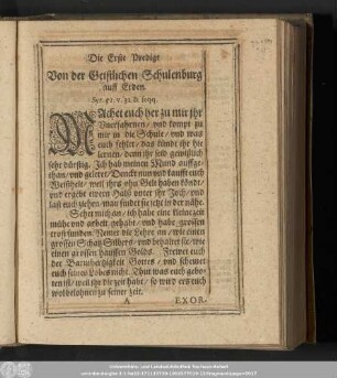 Die Erste Predigt Von der Geistlichen Schulenburg auff Erden.