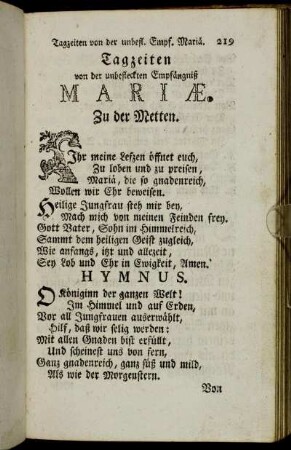 Tagzeiten von der unbefleckten Empfängniß Mariæ. - Gebether zu der Mutter Gottes.