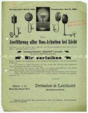 Zur Ausführung aller Bau-Arbeiten bei Licht / Transportable Gasstoff-Lampen mit und ohne Windschutzvorrichtung