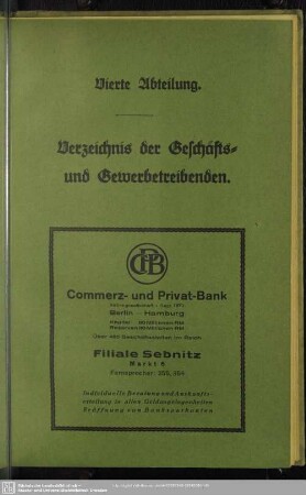 Vierte Abteilung. Berufsklassen und Gewerbebetriebe : Vierte Abteilung. Verzeichnis der Geschäfts- und Gewerbetreibenden