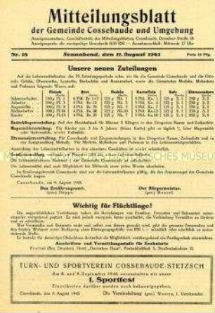Kommunales Mitteilungsblatt u.a. zur Lebensmittelbewirtschaftung, mit Bekanntmachungen des Arbeitsamtes und gewerblichen Anzeigen