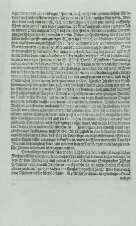 Schütz, Heinrich: Die Psalmen Davids : Schütz, Heinrich: Die Psalmen Davids, sogenannter Becker-Psalter, in der erweiterten und revidierten Zweitfassung. Gewidmet Johann Georg II., Kurfürst von Sachsen. SWV 97-256. Zweite Seite der Vorrede zur Ausgabe von 1661. Dresden: Gottfried Seyffert, 1661. Holzschnitt, Buchdruck; ca. 32,4 x 19,7 cm. Dresden: SLUB Mus.1479-E-5