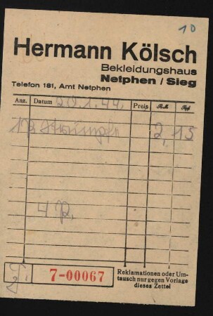 Kölsch, Hermann (Quittung)