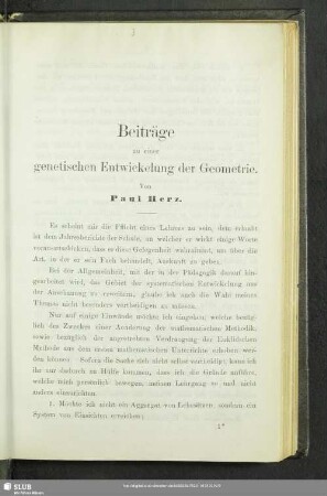 Beiträge zu einer genetischen Entwickelung der Geometrie