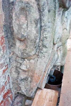 Gut Jersbek: Herrenhaus: Nordgiebel: Sanierung: Detailaufnahme: Wasserspeier Maskaron, Teilansicht, darunter Abflussrohr, davor Gerüst