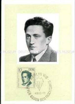 Gedenkkarte für den österreichischen Widerstandskämpfer Alfred Klahr, mit Briefmarke und Sonderstempel
