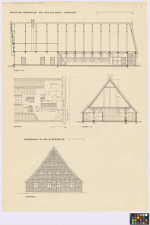 Nincop (Hamburg-Neuenfelde): Hof Nicolaus Quast. - Lageplan mit Scheuen (Aufsicht), Stall (Aufsicht), Stall (Aufsicht), zwei Dungstätten (zwei Aufsichten), Haupthaus (Aufsicht). - Haupthaus (Längsschnitt A-B, Querschnitt C-D, Wohn-Giebel-Ansicht)
