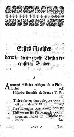 Erstes Register derer in diesen zwölff Theilen recensirten Bücher.
