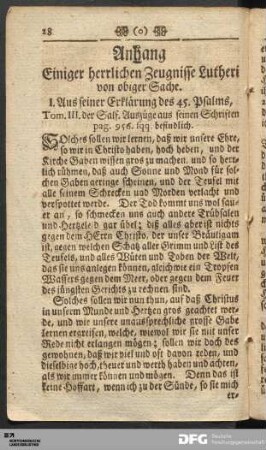 Anhang Einiger herrlichen Zeugnisse Lutheri von obiger Sache.