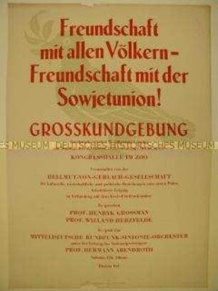 Maueranschlag mit Aufruf zu einer Großkundgebung der Hellmut-von-Gerlach-Gesellschaft in Leipzig