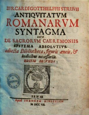 Antiquitatum Romanorum syntagma sive de sacrorum caeremoniis systema absolutius : Adjecta bibliotheca, figuris aeneis, & indicibus necessariis