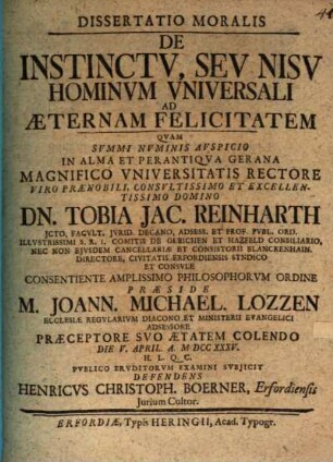 Diss. mor. de instinctu, seu nisu hominum universali ad aeternam felicitatem