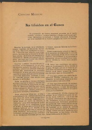 La tifoidea en el Cuzco : Ciencias Médicas