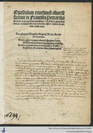 Opusculum remediorum aduerse fortune ex Francisco Petrarcha ...