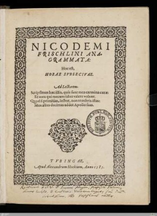 Nicodemi Frischlini Anagrammata: Hoc est, Horae Svbsecivae