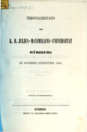 Personalbestand der Königlich-Bayerischen Julius-Maximilians-Universität Würzburg. 1854. SS.