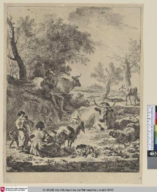 [Der trinkende Junge; Herd playing the bagpipe, sitting on a hillock]